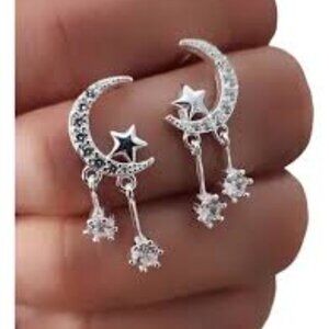 Style Star Moon Tassel  Artificial Gemstones 18K Platinum Plated Earrings